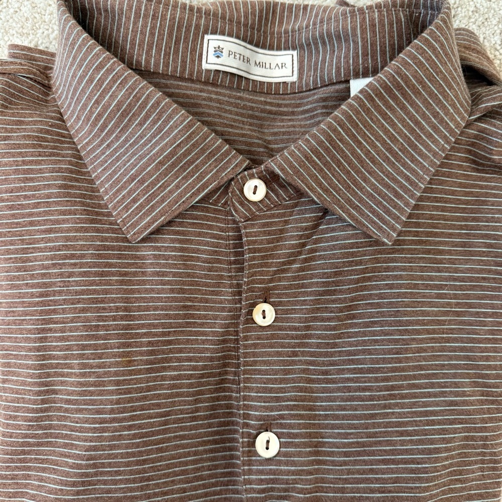 Peter Millar Golf Long Sleeve Polo Mens Size XL 100%‎ Cotton Brown Blue Stripe